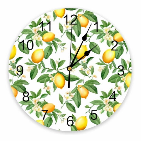 Wall Clock Silent Non-Ticking Home Decor, Yellow Lemons Blossom Leaves Spring Summer 12 Inch Number Dial Face Battery Operated Sweep Movement Wall Clock for Kitchen, Bedroom, Living Room