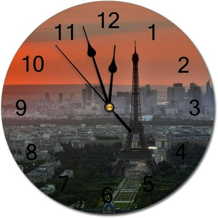 Wall Clock Silent Non Ticking Pvc Clocks, Paris Eiffel Tower France French La Defense City C 20, Battery Operated 10In(25Cm), Round Farmhouse Clock, Rustic Clocks Decor, Made In The Usa