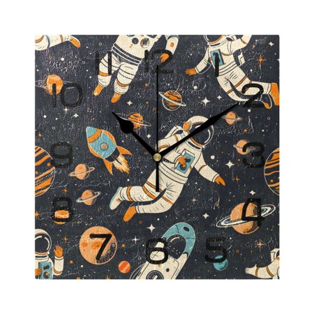 Wall Clock Square Silent Non-Ticking Astronauts Space Universe Planets Retro Battery Operated Clock 7.78 inch Home Kitchen Office Decoration