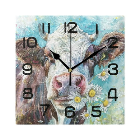 Wall Clock Square Silent Non-Ticking Cows with Chrysanthemum Retro Battery Operated Clock 7.78 inch Home Kitchen Office Decoration