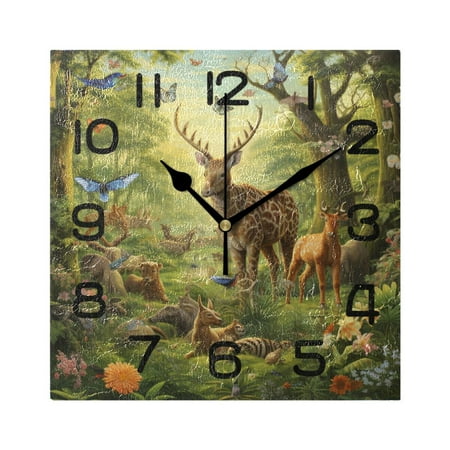 Wall Clock Square Silent Non-Ticking Deer Birds Butterflies in Forest Retro Battery Operated Clock 7.78 inch Home Kitchen Office Decoration