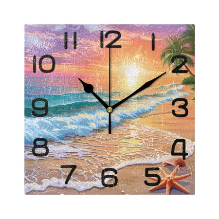 Wall Clock Square Silent Non-Ticking Sunset Beach Seastar Palm Tree Retro Battery Operated Clock 7.78 inch Home Kitchen Office Decoration