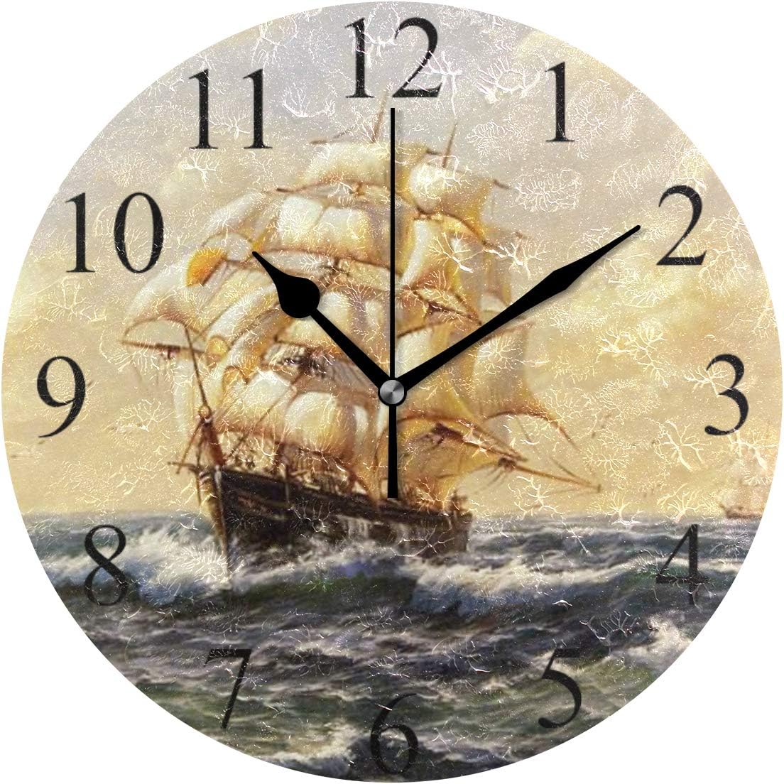 Wamika Round Wall Clock Vintage Pirate Ship Sailing Sea Ocean Clocks Silent Non Ticking Wall Decorative, Boat Nautical Theme Clocks 10 Inch Battery Operated Quartz Quiet Desk Clock for Home Decor