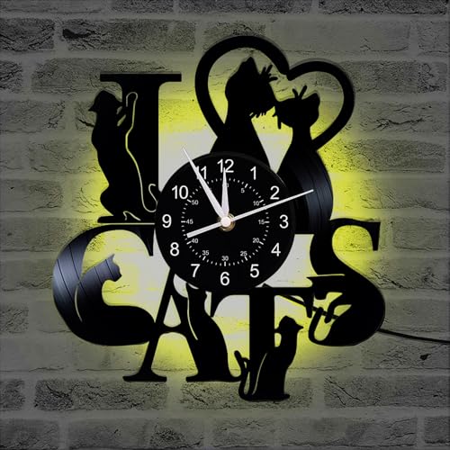 WASHNASH Cat Clock Lamp 12 inches Unique Retro Animal Vinyl Record Wall Clocks Gifts for Cat Lovers (4l)