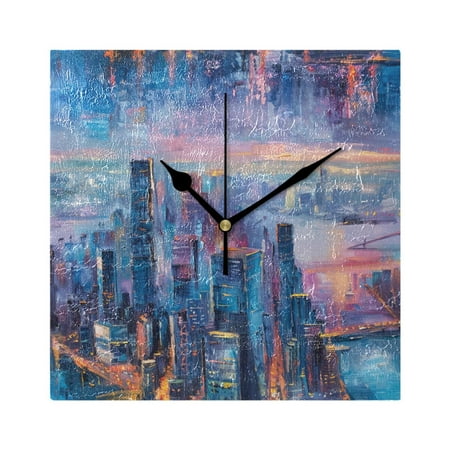 Watercolor Tall Buildings River Runs Wall Clock Battery Operated Square Black Pointer Home Decor for Living Room Bedroom 7.78 x 7.78