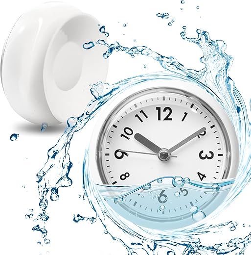 Waterproof Bathroom Mini Shower Clock with Large Suction Cup with Easy Reading Clock Face for Bathroom Pool Supplies Silent, Water Proof for Shower Washroom Kitche