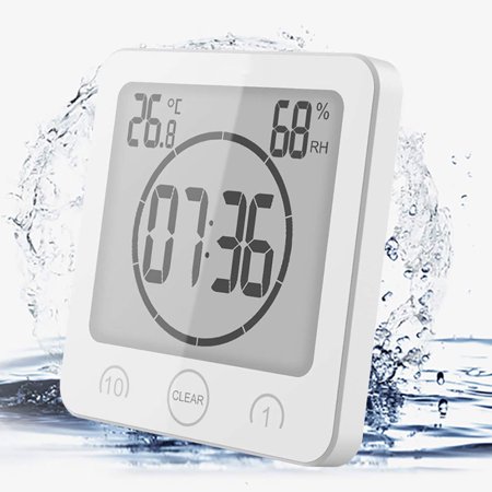 Waterproof Digital Shower Wall Clock with Alarm and Touch Screen Timer Temperature Humidity Display - Suction Cup Hanging Hole Included