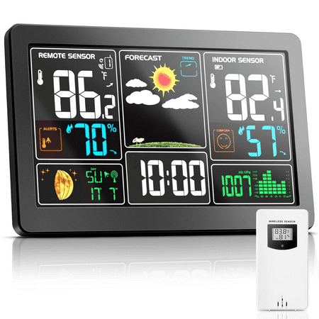 Weather Station Indoor Outdoor Thermometer Wireless Color Display Digital Temperature Humidity Monitor, Weather Thermometer Forecast Station with Atomic Clock and Adjustable Backlight