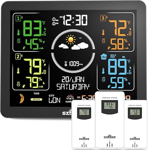 Weather Station Indoor Outdoor Thermometer Wireless with Multiple Sensors, VA Color Display Atomic Clock, Weather Forecast, Temperature, Humidity, Customizable Alerts and Adjustable Backlight for Home