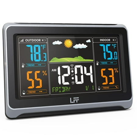 Weather Stations Wireless Indoor Outdoor, LFF Weather Station Indoor Outdoor Thermometer Wireless, Color Display Digital Weather Thermometer with Atomic Clock