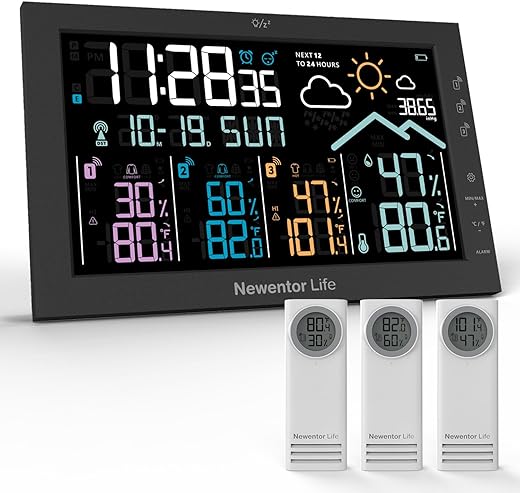 Weather Station Wireless Indoor Outdoor, Indoor Outdoor Thermometer, Weather Stations Digital Home Outdoor Color 9in Large Display, Atomic Clock Weather Forecast Temperature Humidity Barometric, Black