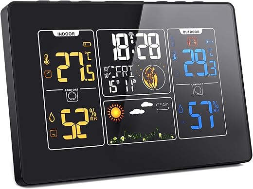 Weather Station Wireless Indoor Outdoor with Atomic Clock, Digital Home Weather Thermometer, Forecast Station with Temperature, Humidity, Calendar, Adjustable Backlight, Moon Phase, Alarm Clock