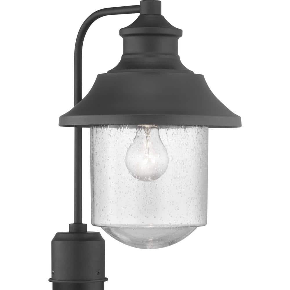 Weldon Collection 1-Light Textured Black Clear Seeded Glass Farmhouse Outdoor Post Lantern...