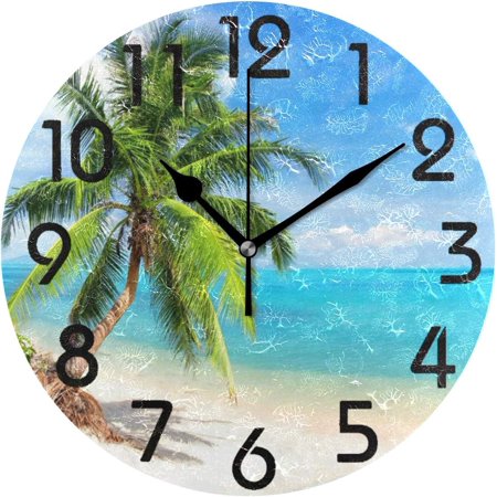 Wellsay 3D Beautiful Beach Palm Tree Round Wall Clock, 9.5 Inch Battery Operated Quartz Analog Quiet Desk Clock for Home,Kitchen,Office,School