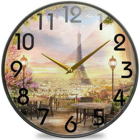 Wellsay 3D Beautiful Paris View from Balcony Cafe Eiffel Tower Round Wall Clock, 9.5 Inch Silent Battery Operated Quartz Analog Quiet Desk Clock for Home,Office,School,Library