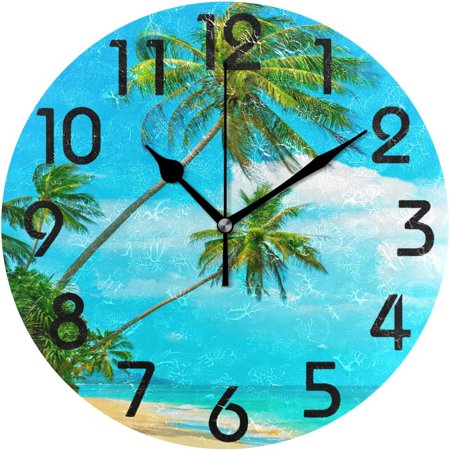 Wellsay 3D Beautiful Tropical Beach with Palms Tree Print Round Wall Clock, 9.5 Inch Battery Operated Quartz Analog Quiet Desk Clock for Home,Office,School