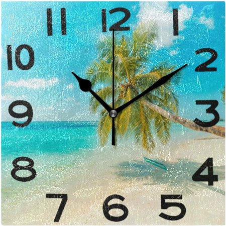 Wellsay 3D Fresh Tropical Summer Beach Palm Tree Print Round Wall Clock Decorative, 9.5 Inch Battery Operated Quartz Analog Quiet Desk Clock for Home,Office,School