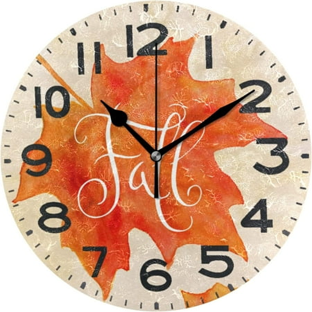 Wellsay Autumn Maple Leaves Vintage Round Wall Clock, 9.5 Inch Battery Operated Quartz Analog Quiet Desk Clock for Home,Office,School,Kitchen