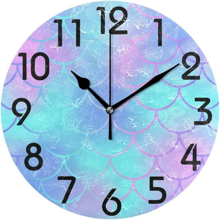 Wellsay Beautiful Mermaid Tail Scale Pattern Round Wall Clock Decorative, 9.5 Inch Battery Operated Quartz Analog Quiet Desk Clock for Home,Office,School