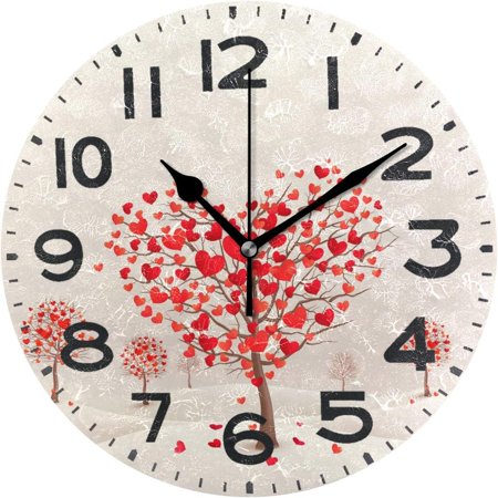 Wellsay Chic Heart Shaped Trees Valentine Pattern Round Wall Clock Decorative, 9.5 Inch Battery Operated Quartz Analog Quiet Desk Clock for Home,Office,School