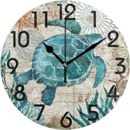 Wellsay Chic Vintage Nautical Sea Turtle Starfish Old Map Round Wall Clock, 9.5 Inch Battery Operated Quartz Analog Quiet Desk Clock for Home,Office,School