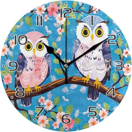 Wellsay Cute Owls Blue Clock Silent Round Wall Clock Non Ticking Battery Device Clocks Creative Decoration Wall Clock for Living Room Bedroom Office Kitchen