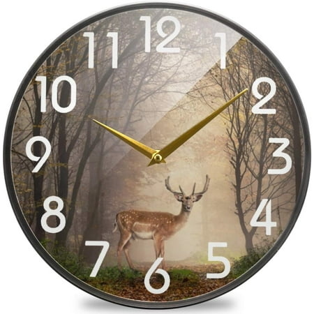 Wellsay Magic Dreamy Misty Forest Fallow Deer Round Wall Clock, 9.5 Inch Silent Battery Operated Quartz Analog Quiet Desk Clock for Home,Office,School