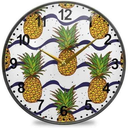 Wellsay Pineapple and Navy Waves Pattern Wall Clock Silent Non Ticking 9.5 Inch Round Easy to Read for Home Office School Clock