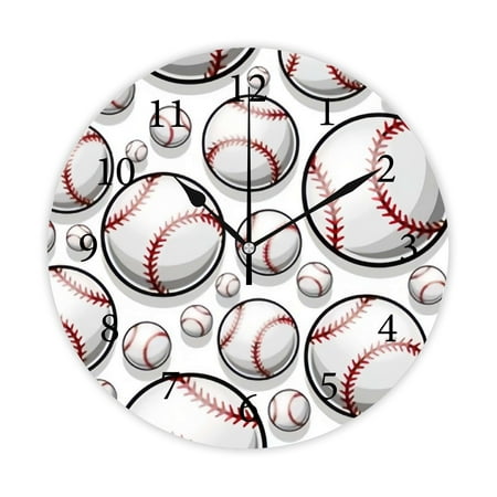 Wellsay Round Wall Clock, Baseball Softball Ball Graphics 10in Battery Operated Quartz Analog Quiet Desk Clock for Home,Kitchen,Office,School