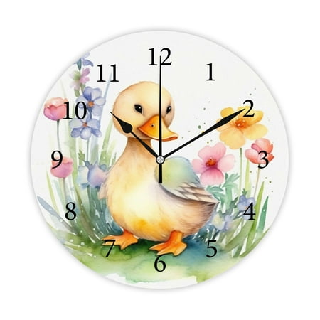 Wellsay Round Wall Clock, Cute Baby Duck in Grass 10in Battery Operated Quartz Analog Quiet Desk Clock for Home,Kitchen,Office,School