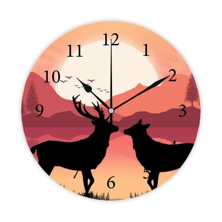 Wellsay Round Wall Clock, Deer 10in Battery Operated Quartz Analog Quiet Desk Clock for Home,Kitchen,Office,School