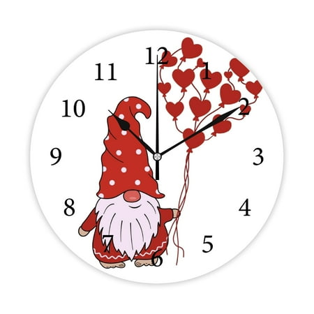 Wellsay Round Wall Clock, Gnome Valentine with Heart Shaped Balloons 10in Battery Operated Quartz Analog Quiet Desk Clock for Home,Kitchen,Office,School