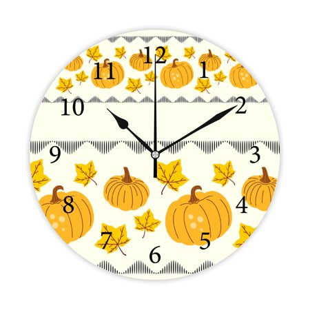 Wellsay Round Wall Clock, Pumpkins and Maple Leaves 10in Battery Operated Quartz Analog Quiet Desk Clock for Home,Kitchen,Office,School