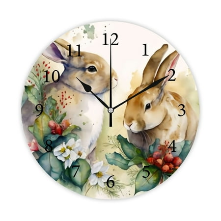 Wellsay Round Wall Clock, Two Christmas Rabbits 10in Battery Operated Quartz Analog Quiet Desk Clock for Home,Kitchen,Office,School