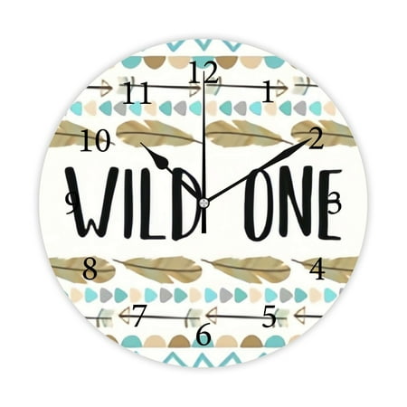 Wellsay Round Wall Clock, Wild One Decorated of Feathers 10in Battery Operated Quartz Analog Quiet Desk Clock for Home,Kitchen,Office,School