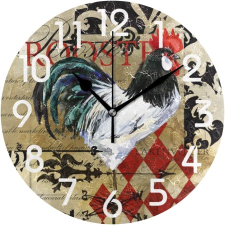 Wellsay Rural Vintage Farm Rooster Round Wall Clock, 9.5 Inch Battery Operated Quartz Analog Quiet Desk Clock for Home,Office,School