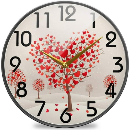 Wellsay Stylish Heart Shaped Trees Print Round Wall Clock, 9.5 Inch Silent Battery Operated Quartz Analog Quiet Desk Clock for Home,Office,School