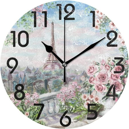 Wellsay Stylish Romantic Eiffel Tower Paris View Print Round Wall Clock, 9.5 Inch Battery Operated Quartz Analog Quiet Desk Clock for Home,Office,School