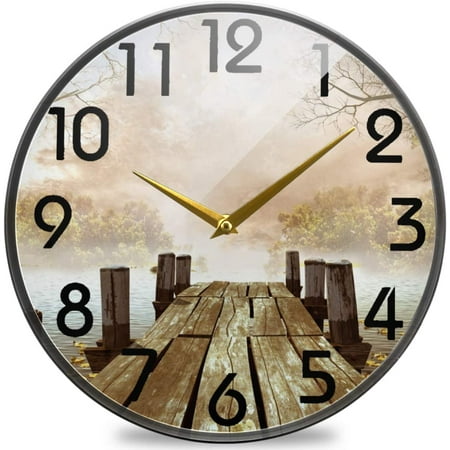 Wellsay Vintage Foggy River Wooden Dock with Leaves and Tree Branches Round Wall Clock, 12 Inch Silent Battery Operated Quartz Analog Quiet Desk Clock for Home,Office,School,Kitchen