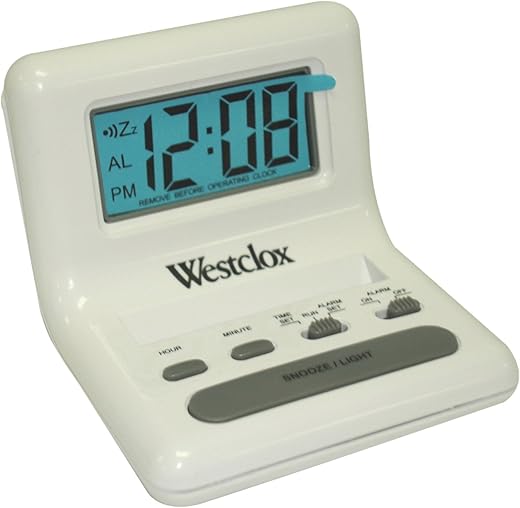 Westclox 0 47539 White LCD Alarm Clock with Light On Demand, 0.8-Inch, 1