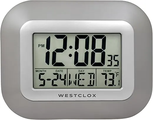 Westclox Large Digital Wall Clock Battery Operated Large Digital Clock with Temperature Date and Day of Week with Alarm | Modern Digital Desk Clock for Office Kitchen Bedroom or Living Room | Silver