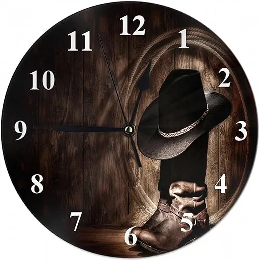 West Rodeo Cowboy Wall Clock Black Felt Hat Resting ATOP Worn Brown Leather Working Rancher Roper Boots Boy Farmhouse Unique Large Clock Wall Battery Operated Silent Non-Ticking Decoration