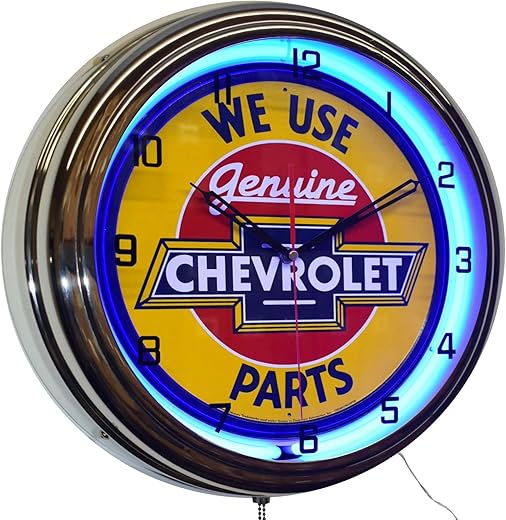 We Use Chevy Genuine Parts Sign Neon Advertising Clock Garage Decor (16" Blue)