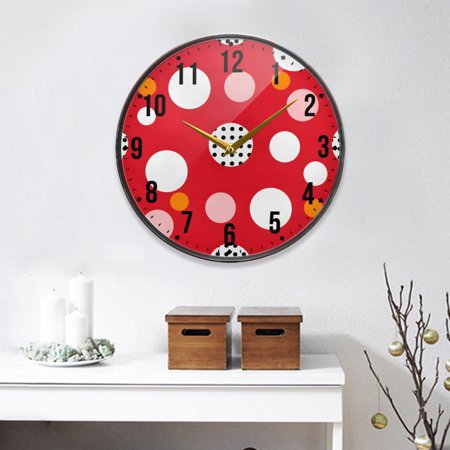 White Polka Dots on Red Round Wall Clock 9.5 Inch Non-Ticking Silent Battery Operated Clock for Home Kitchen Office School Decor