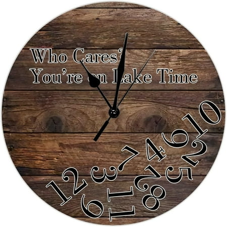 Who Cares You'Re On Lake Time Wall Clocks Vintage Brown Wood Grain Distressed Decorative Wall Clock Rustic Round Wood Wall Clocks Non-Ticking Silent Wall Clock For Home Office 10Inch