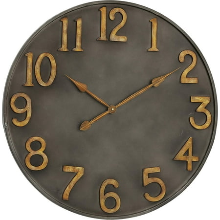 WHW Industrial Modern Wall Analog Clock, Pewter Grey Metal, Antique Gold Numerals, Quartz Movement, 30 inches Diameter