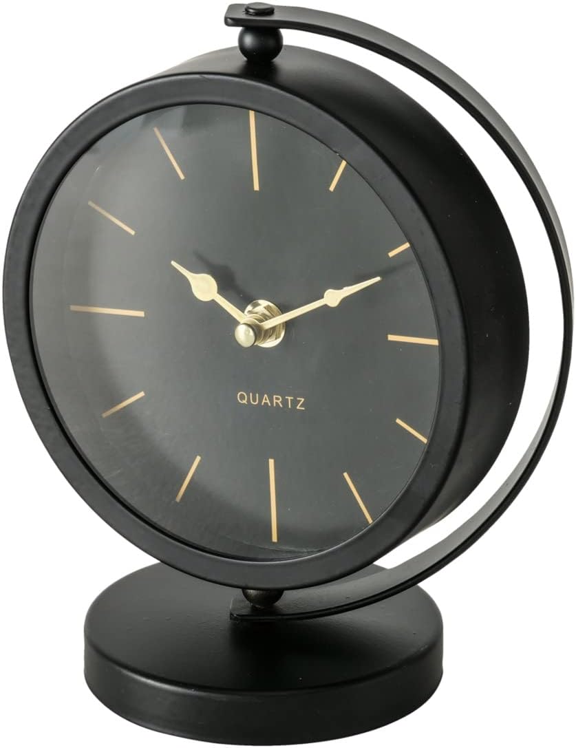 WHW Whole House Worlds Mid-Century Modern Desktop Clock, Black, Gold Accents, Quartz Movement, Iron, Round, Mounted, Circular Base, 7.75 Inches, 1 AA Battery (Not Included)