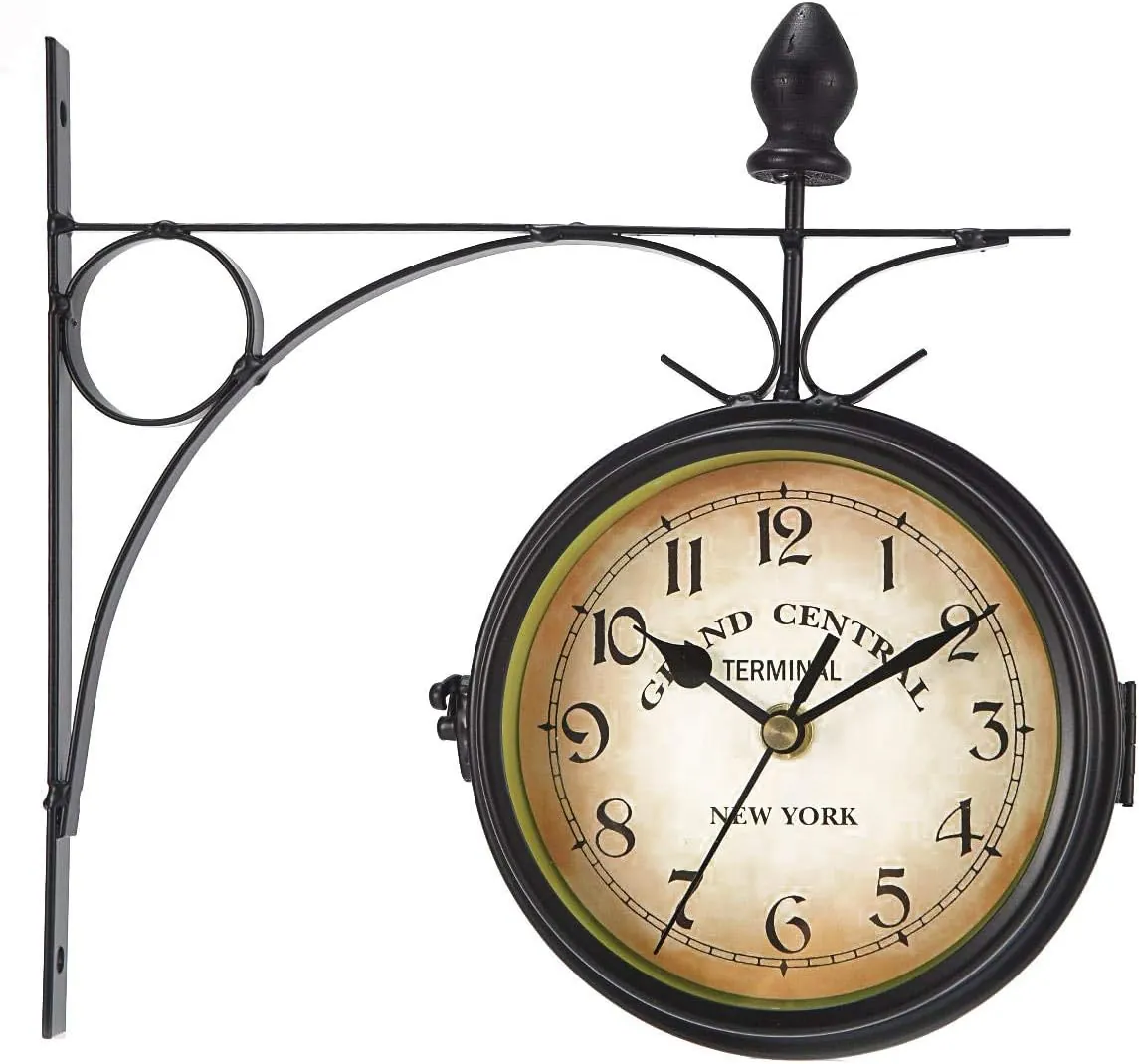 WICHEMI Double Sided Wall Clock 7" | 18cm Vintage Double Sided Clock Wall Mounted European Double Sided Train Station Clock Retro Double Sided Clock Hanging for Patio Garden Home Living Room Bedroom