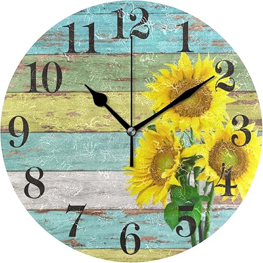 WIHVE Sunflower 9.5 Inch Round Hanging Clock, Rustic Wall Decor for The Living Room, Kitchen, Bedroom, and Patio