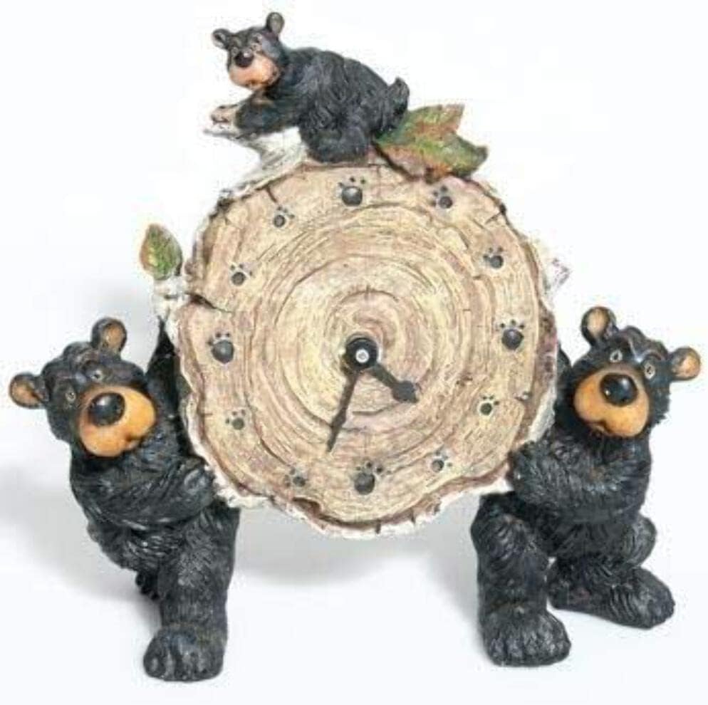 Willie Black Bear with Cub Holding a Birch Log Clock 8